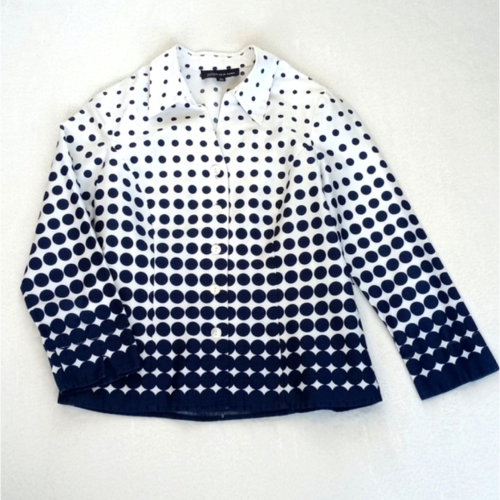 Jones New York Women’s White Navy Blue Polka Dot 3/4 Sleeve Button Down Top P/S